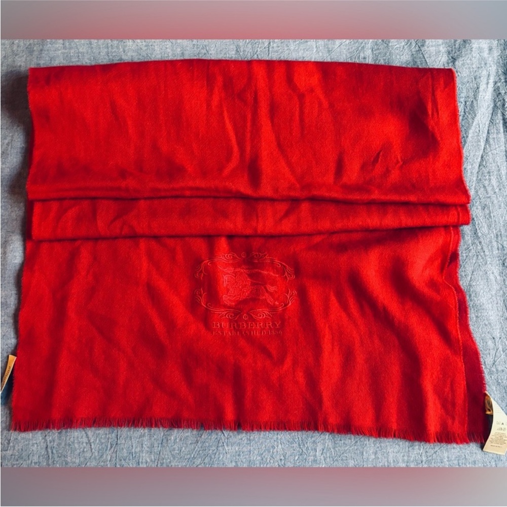 Red Burberry Lightweight Embroidered Fringe Scarf, deep dark red